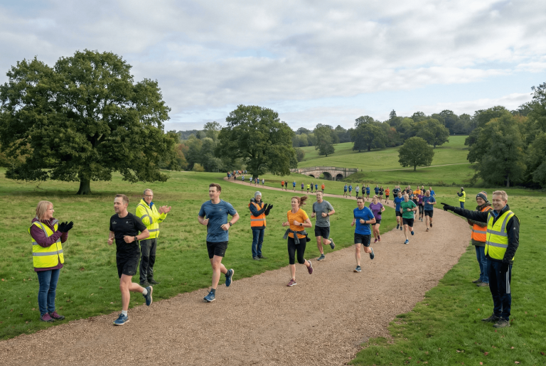 parkrun in the UK with runners being encouraged by parkrun marshalls