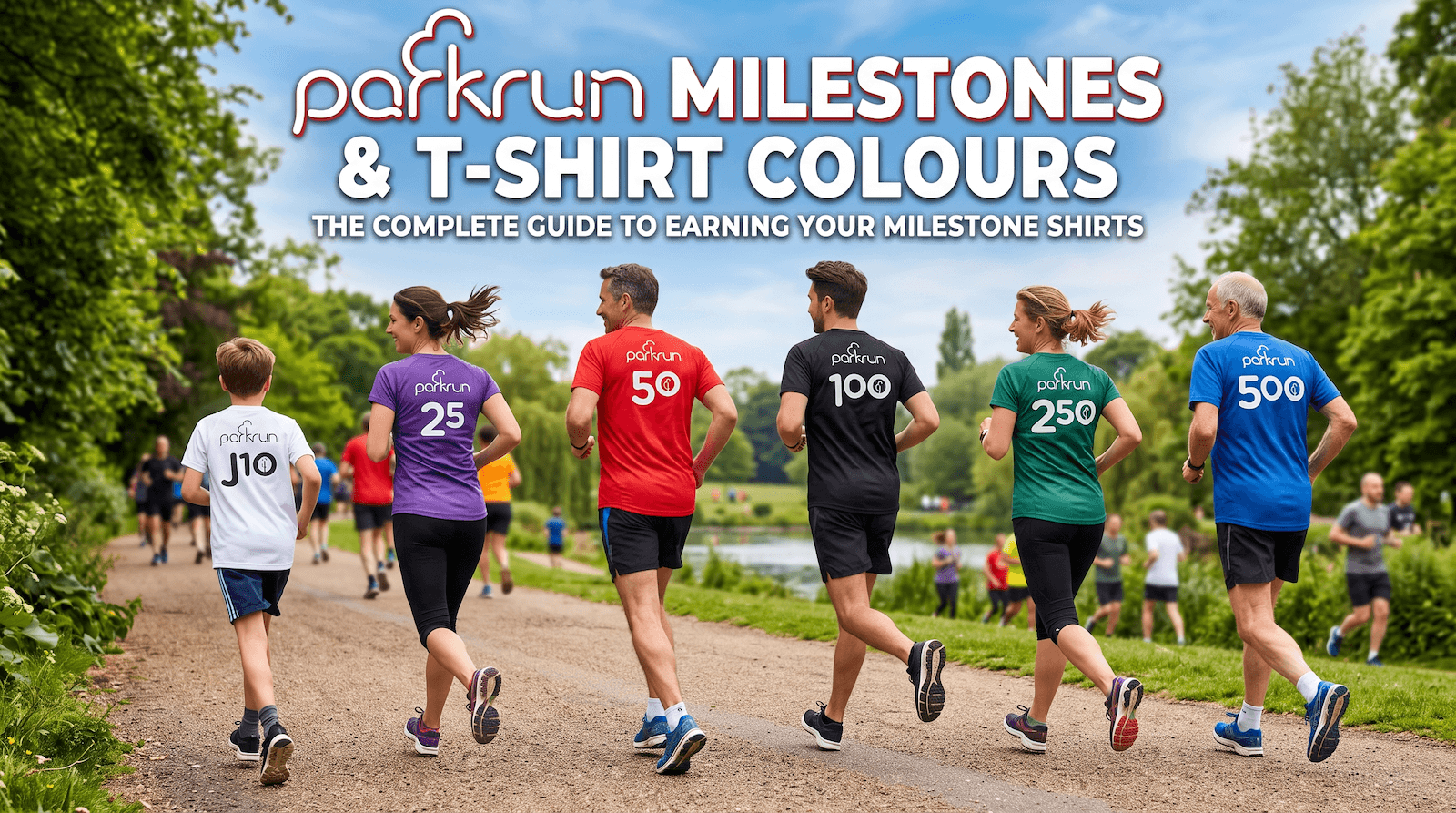 runners wearing their Parkrun Milestones T-Shirt's in the parkrun milestone colours